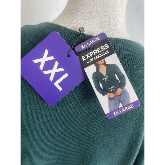 Women's Express Bow Cardigan V-neck Sweater Long Sleeves June Bug Dark Green 2XL - Picture 8 of 12